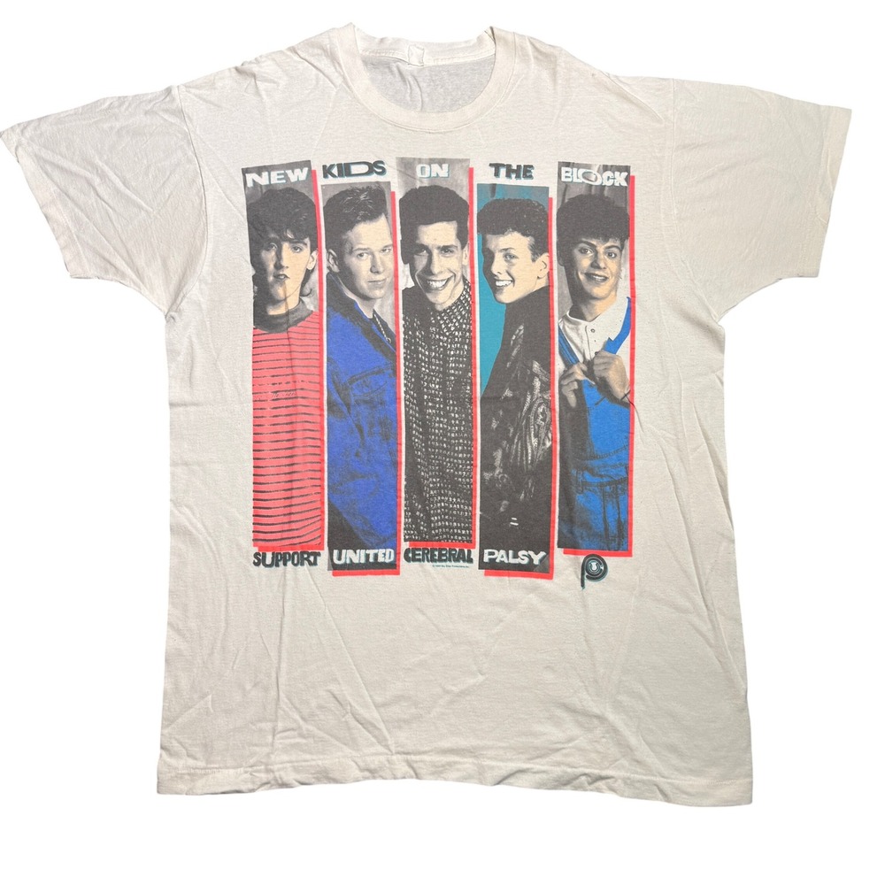 Vintage 1989 New Kids On The Block Support UCP Charity T-Shirt XL Cream 80s